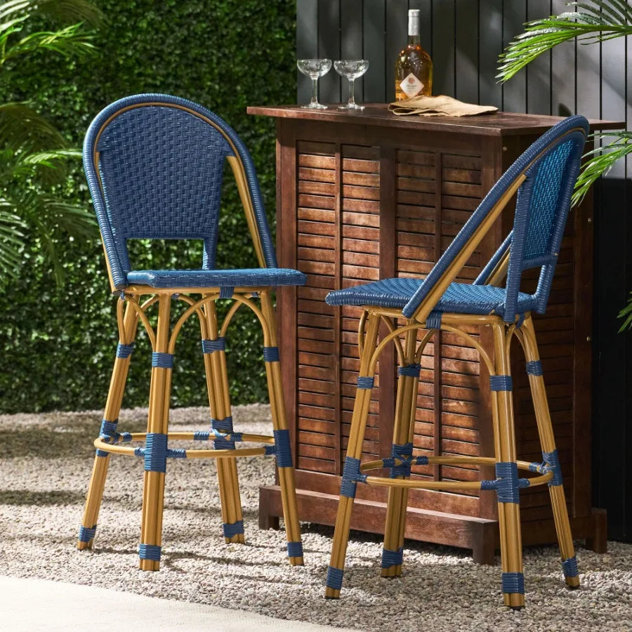 29.5 Outdoor PE Rattan and Aluminum French Barstools Set of 2 Navy Blue and Bamboo Finish