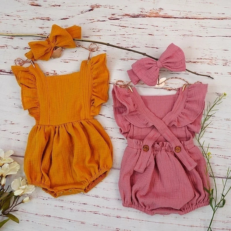 Organic Cotton Baby Girl Clothes Summer New Double Gauze Kids Ruffle Romper Jumpsuit Headband Dusty Pink Playsuit For Newborn 3M