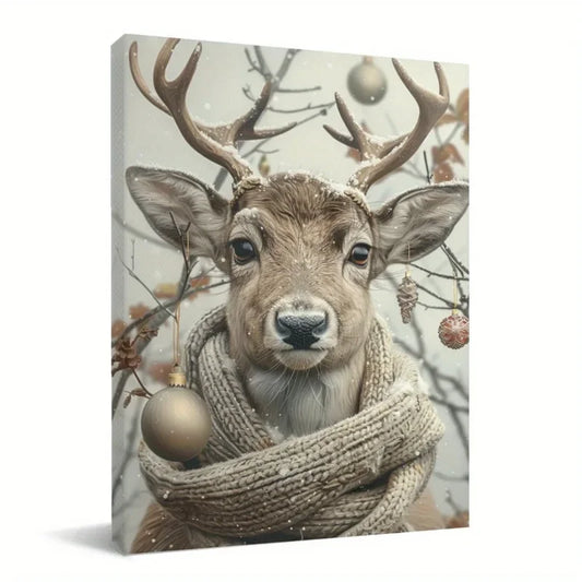 1 Canvas Painting with Wood Frame, Ready to Hang, Whimsical Watercolor Artwork with Holiday Scarf for Home Decor - Perfect for