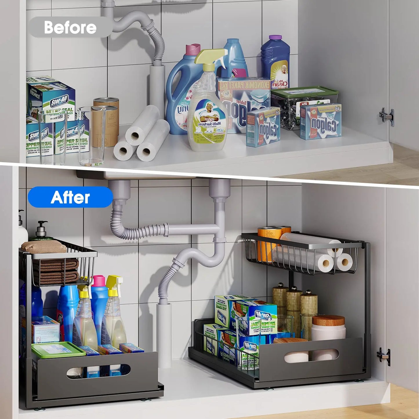 Under Sink 2 Tier Sliding Cabinet Basket Organiser Drawer Pull Out Cabinet Multi-Purpose  Sink Organiser for Bathroom Kitchen