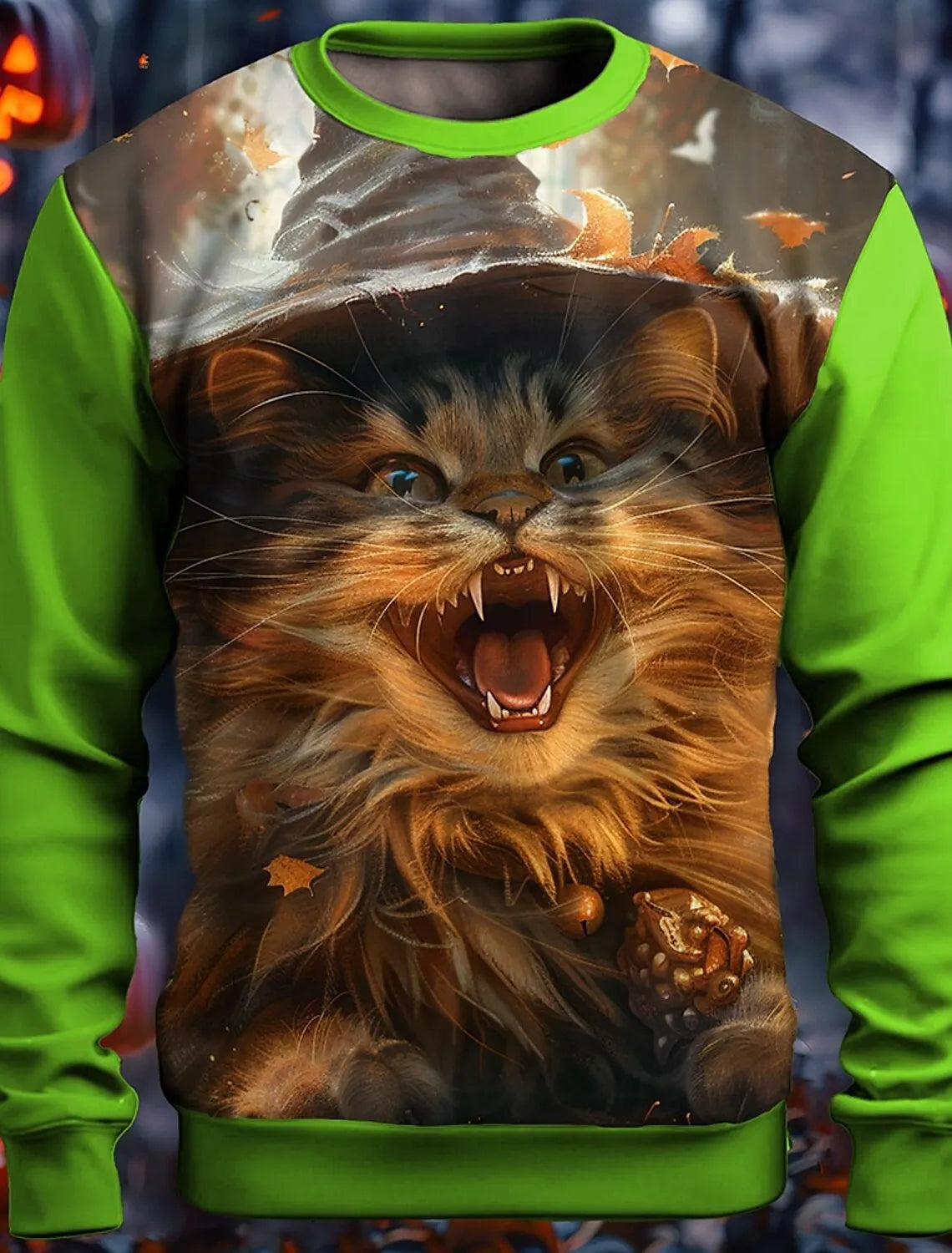 3D Printed Halloween Kitten Pattern 3D Printed Autumn Men's Crew Neck T-Shirt Casual Long Sleeve Oversized Pullover Fashion Tops