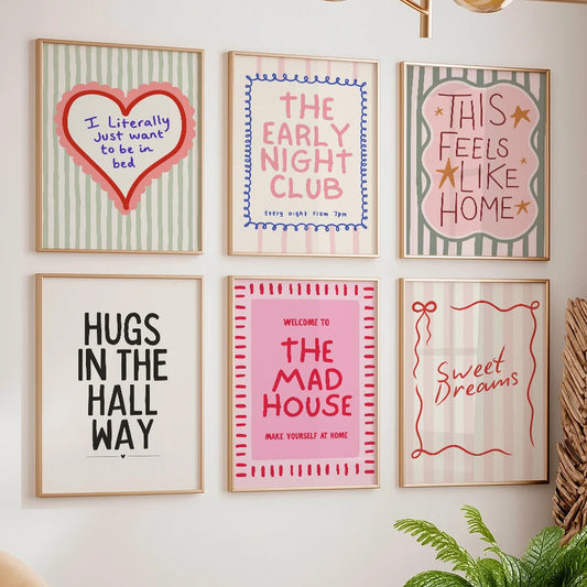 6pcs/set of Playful and Colorful Quotes Striped Canvas Print Inspirational Text Love Wall Art Posters for Modern Home Decor Gift