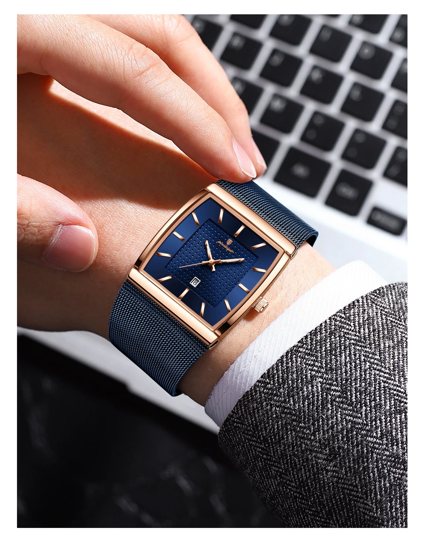 POEDAGAR Top Original Men Watch Waterproof Luminous Date Rectangle Man Wristwatch Mesh Stainless Steel Men's Quartz Watches Male