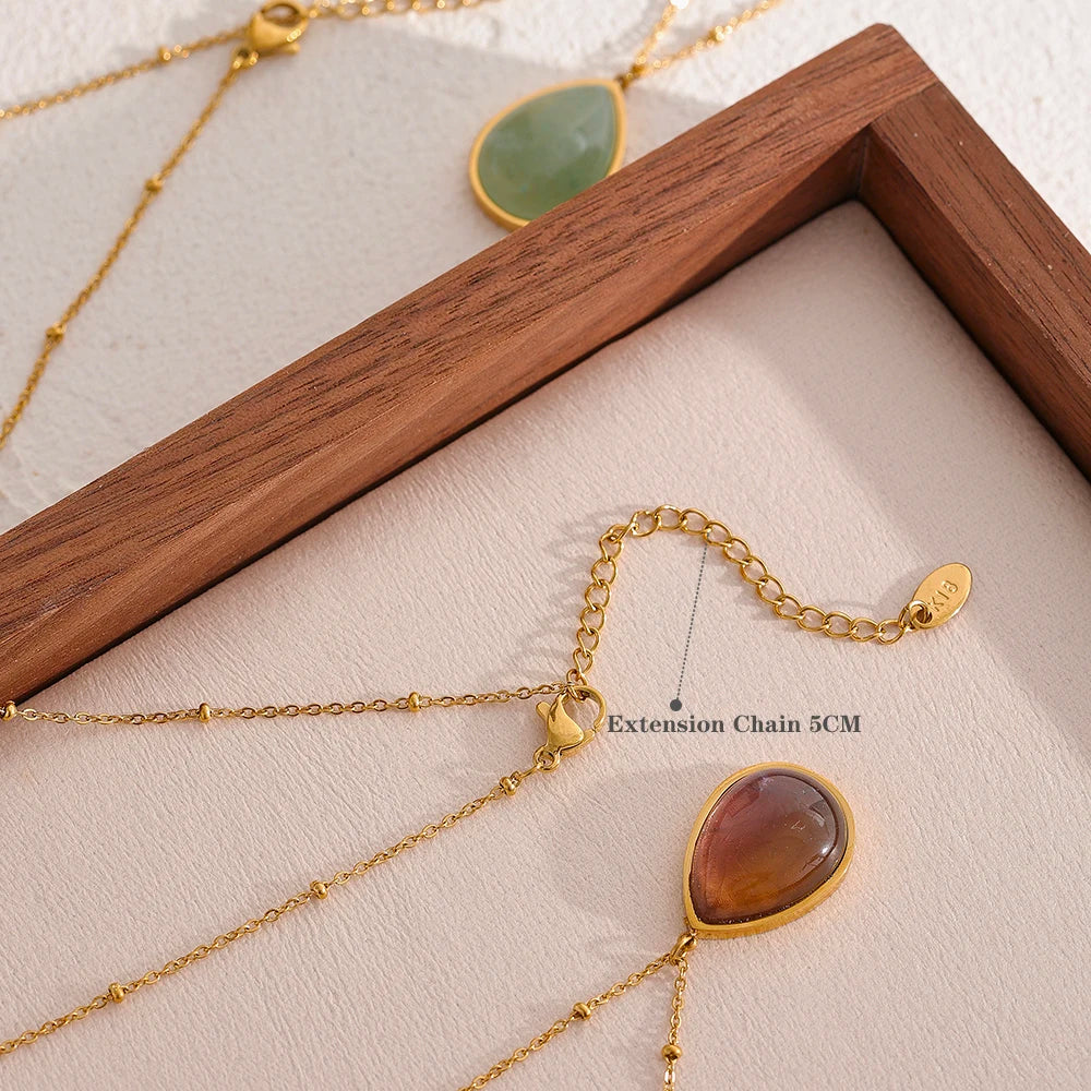 Yhpup Water Drop Amethyst Green Aventurine Natural Stone Necklace Stainless Steel Fashion Charm Pendant Jewelry Tarnish Free