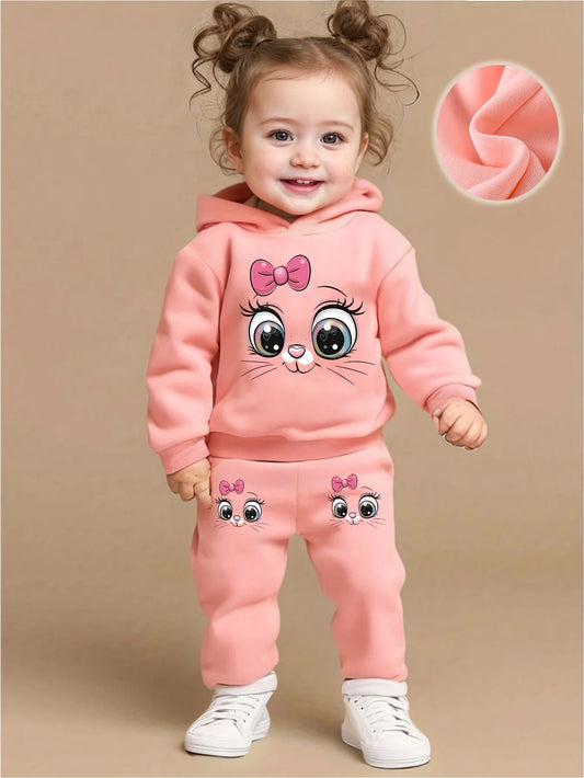 Baby girl cute cartoon cat pattern long sleeved fleece hooded sweat shirt+casual simple pants set, spring and autumn two-piece set