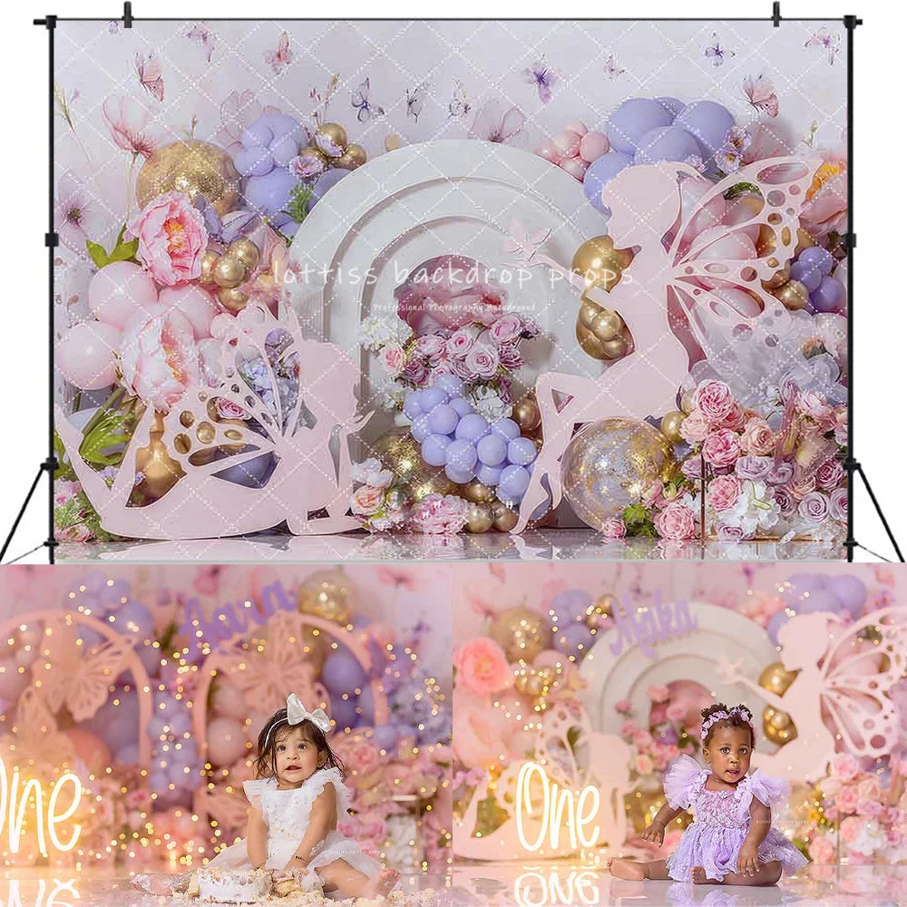 1st Birthday Cake Smash Backdrops Kids Baby Photography Child Photocall Fairy Balloons Wild One Garden Cute Bow Theme Background