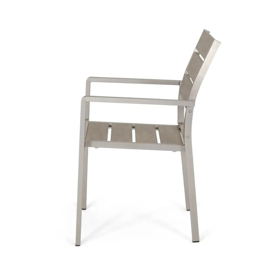 Outdoor Modern Aluminum Dining Chair with Faux Wood Seat (Set of 2), Natural and Silver