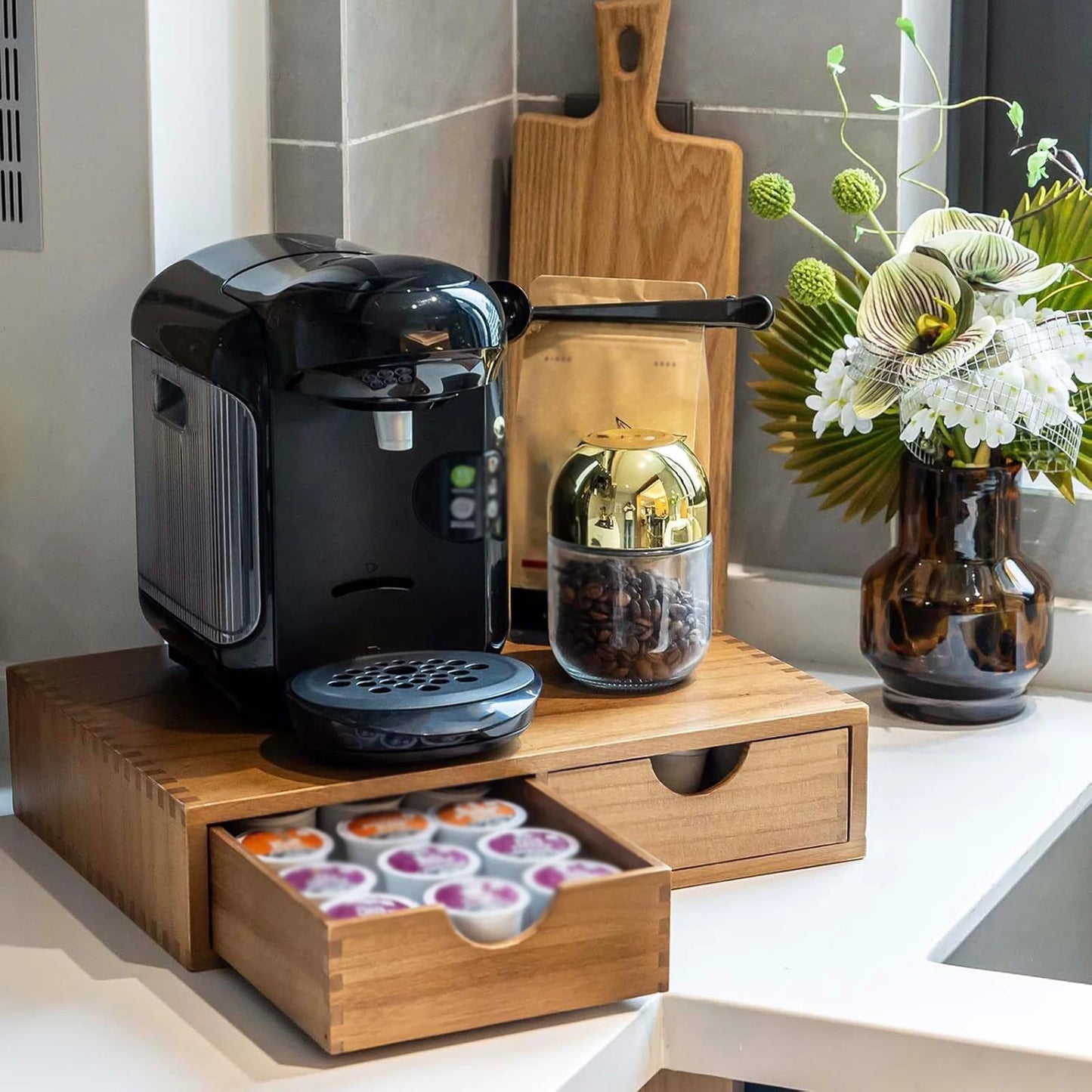 Wooden Coffee Pod Holder Coffee Capsule Drawer Organizer Tea Storage Box for Kitchen Bar Home Coffee Station Organization