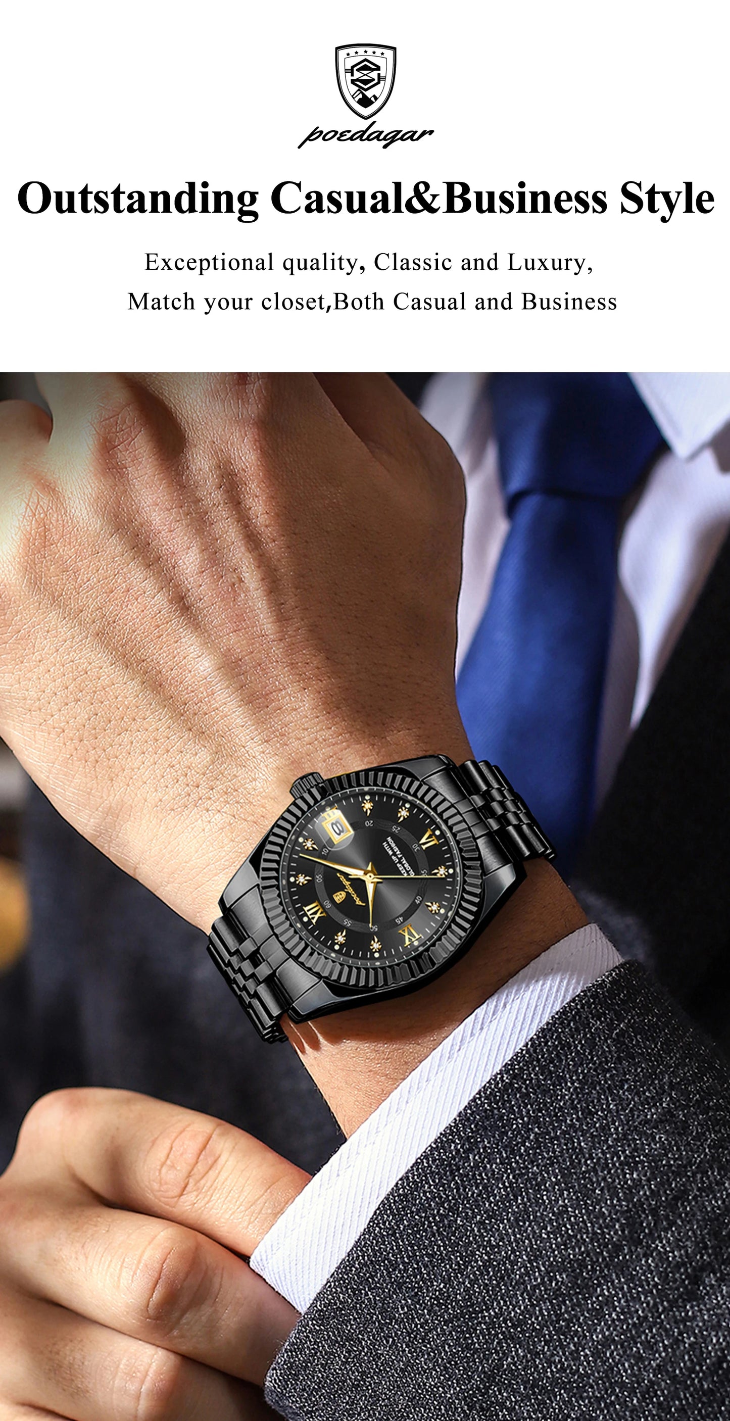 POEDAGAR Luxury Fashion Men Watch Waterproof Stainless Steel Luminous Military Man Wristwatch Date Business Quartz Men's Watches