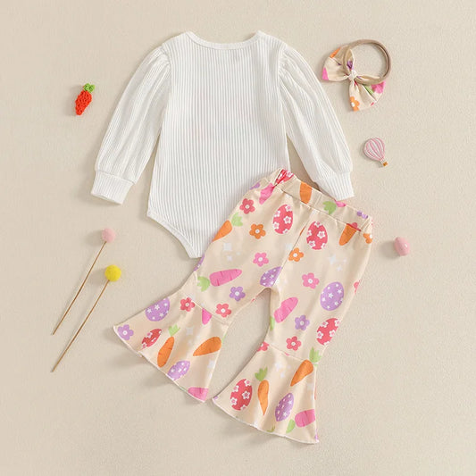 2025 New Set of Baby and Toddler Easter Bunny Print Pit Stripe Bubble Sleeves Flared Pants+headband Three Piece Set