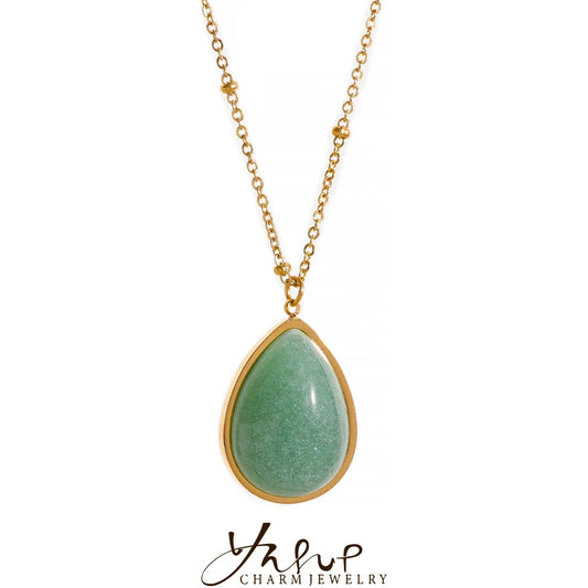 Yhpup Water Drop Amethyst Green Aventurine Natural Stone Necklace Stainless Steel Fashion Charm Pendant Jewelry Tarnish Free