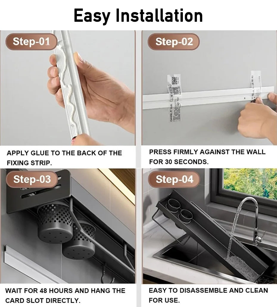No Drill Kitchen Storage Rack Aluminum Wall Mount Spice Seasoning Spoon Knife Stand Holder Rag Dishcloth Rack Organizer Shelf