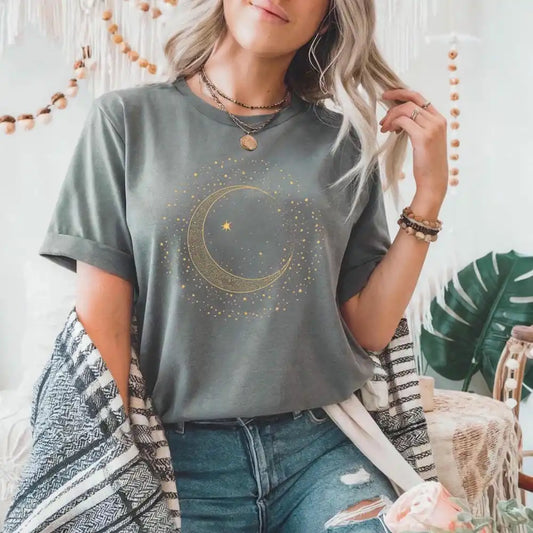 Gold Crescent Moon Celestial T-Shirt for Women -  Mystic Spiritual Tee