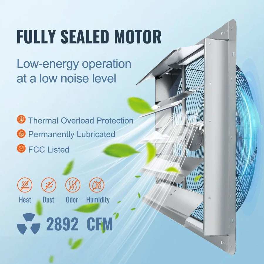 24'' Shutter Exhaust Fan Highspeed 3320 CFM Aluminum Wall Mount Attic Fan with ACmotor Ventilation and Cooling for Greenhouses