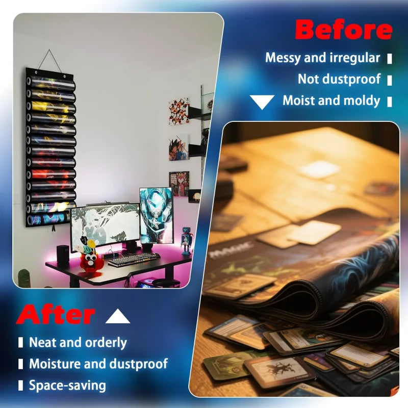 Playmat Holder - Portable Organiser Rack for TCG/RPG Mat, Compact Storage Solution for MTG & Collectible Game Mats with 2 Hooks