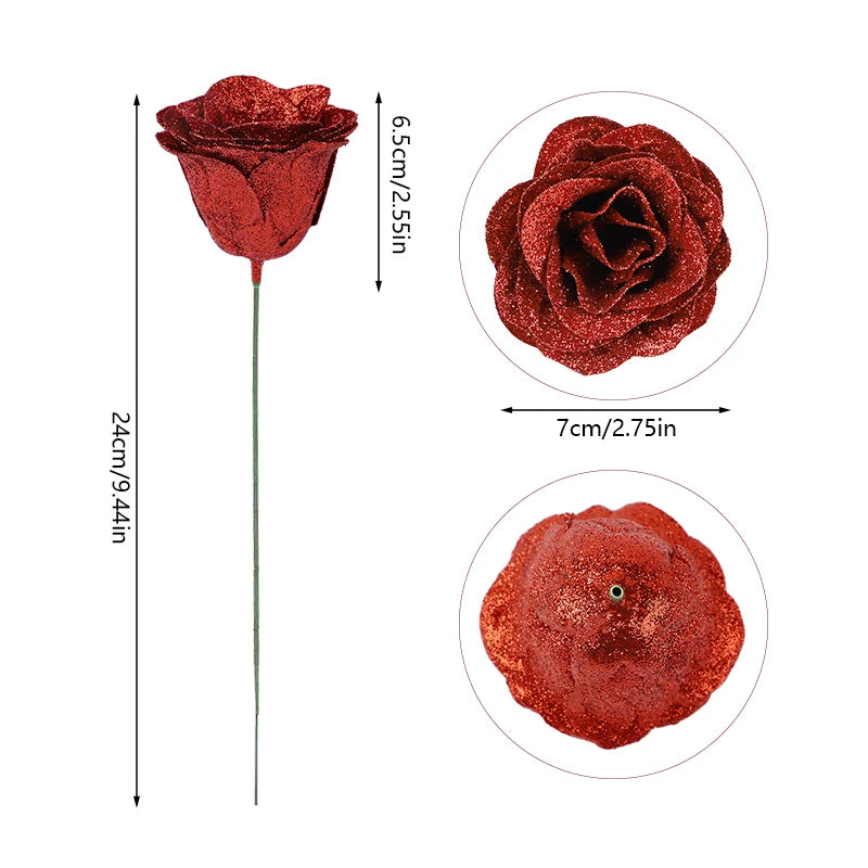5-20Pcs Red Glitter Artificial Rose Flowers Bouquet Wedding Bridal Shower Decoration Valentines Day Gift Birthday Party Decor