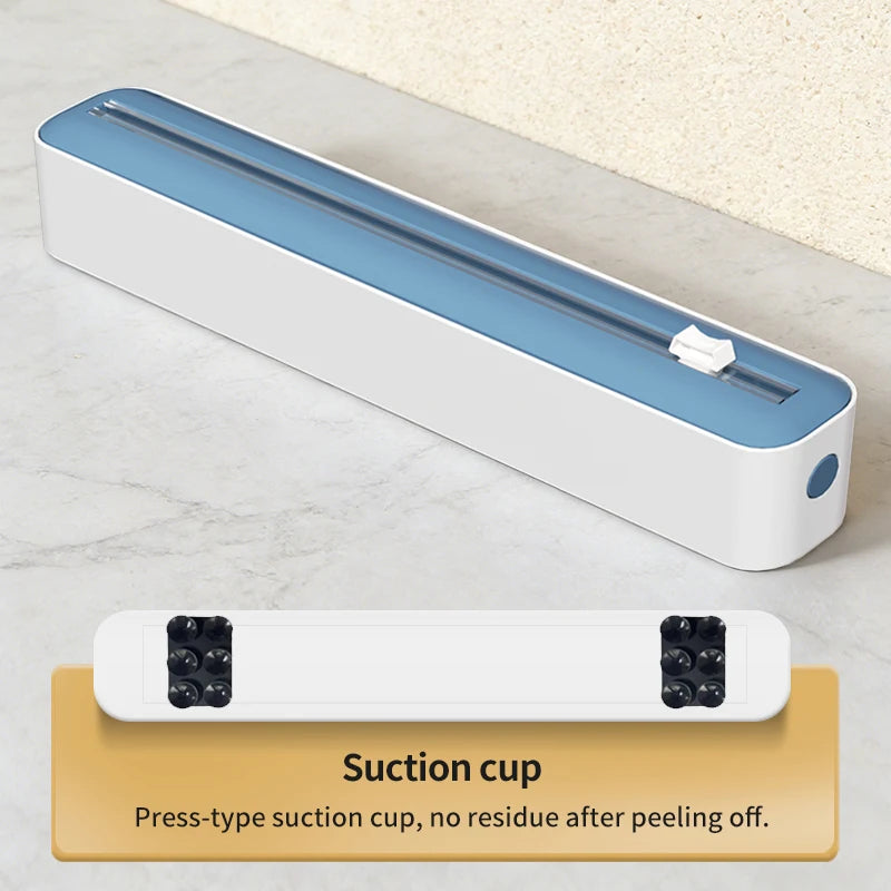 Household multi-functional cling film cutter, tear-free sliding cutter suitable for plastic cling film and aluminum foil.