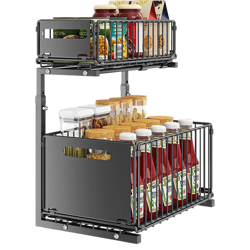 Pull-Out Under Sink Organiser, 2-Tier Adjustable Height Sliding Shelf for Kitchen/Bathroom Cabinet Storage, Black & White