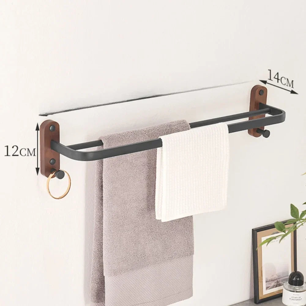 Modern Wooden Bathroom Wall Storage Rack – Shelves, Towel Bar & Hooks Set