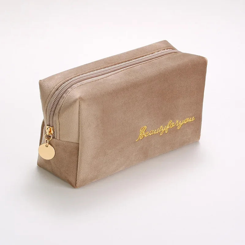 Plush Cosmetic Bag for Women – Large Zipper Makeup & Toiletry Travel Pouch, Solid Color Beauty Bag