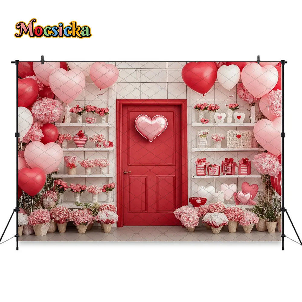 Mocsicka Valentine's Day Shop Backdrop Photography Pink Storefront Heart Balloon Red Rose Background Kids Birthday Photo Studio