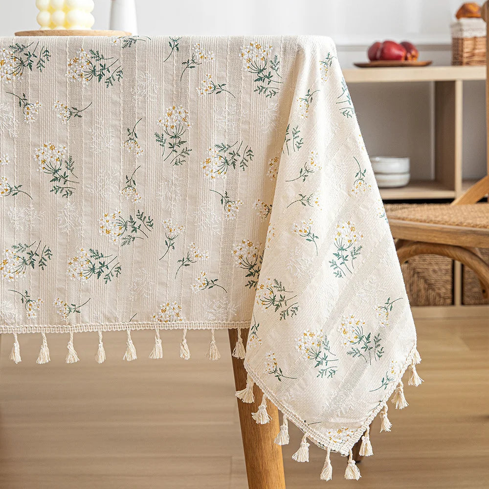 Korean Style Daisy Tassels Cotton Floral Table Cloth