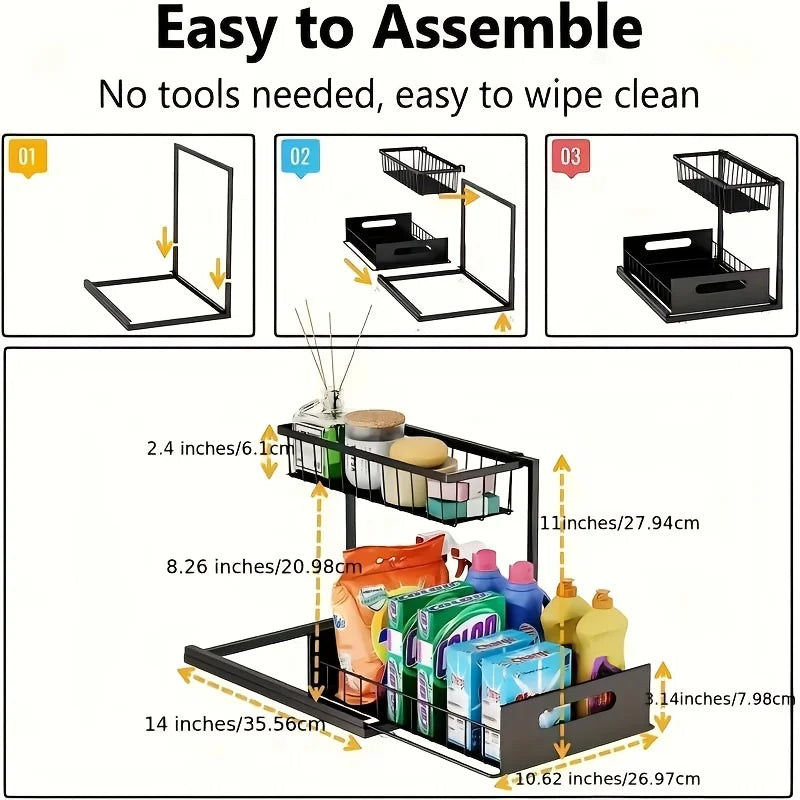 Best 2 Tier Under Sink Organiser Pull-out Sliding Cabinet Storage Basket Kitchen Bathroom Rack for Cleaning Supplies & Spices