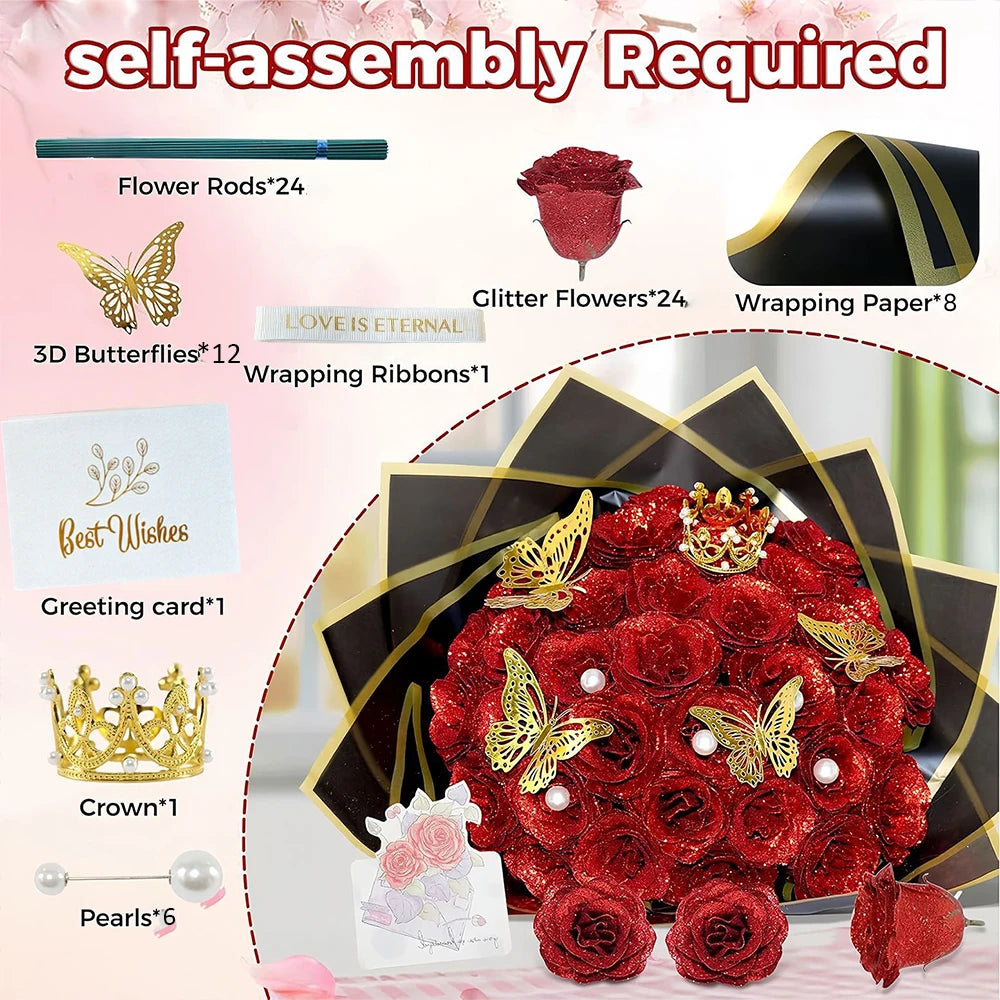 12/24pcs Red Glitter Roses Bouquet DIY Gift Set Everlasting Shiny Artificial Rose for Valentines Anniversary Engagement Wedding