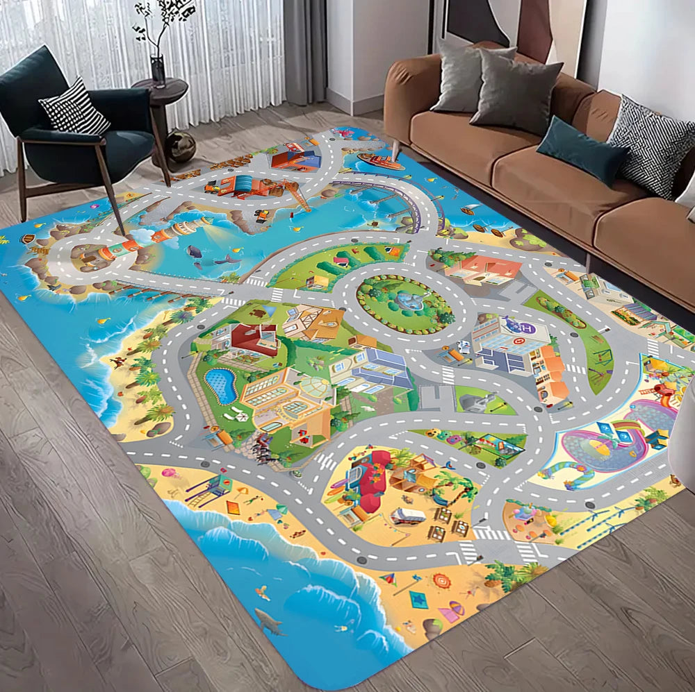 Car Rug Play Mat Road Rug Kid Play Mat Playroom Toy Car Mat Kids Carpet City Map for Bedroom Classroom Home Decor