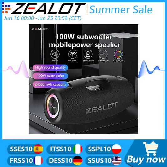 Zealot S78 100W Wireless Speakers, DSP Technology ,Dream Light, Outdoor Portable Subwoofer Speaker ,  Dual Pairing,24000mAh.