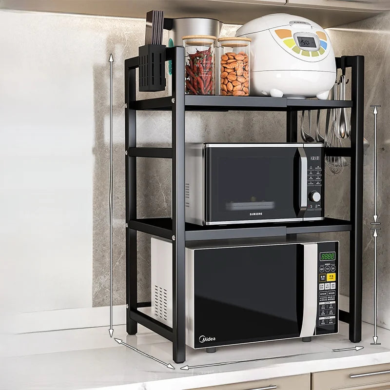 Kitchen Microwave Oven Rack Double Layer Expandable Multi Functional Home Appliance Storage Shelf Carbon Steel No Installatio...