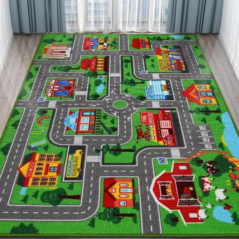 VIKAMA Children'S Educational Play Mat Non-Slip Urban Road Traffic Design Suitable For Offices, Children's Rooms, And Home Decor