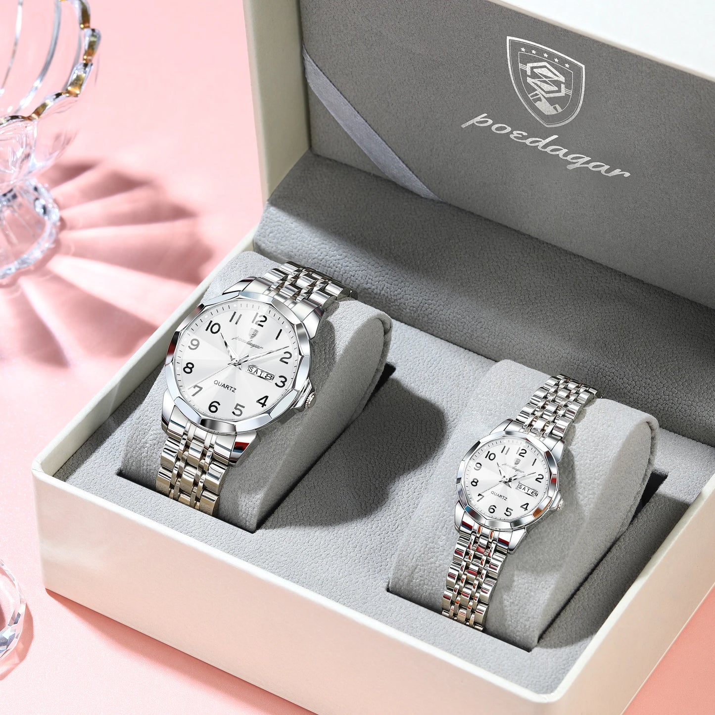 POEDAGAR Top Fashion Watches For Couple Waterproof Date Week Couple's Watches Quartz Stainless Steel Couple Watch Lovers Set+Box