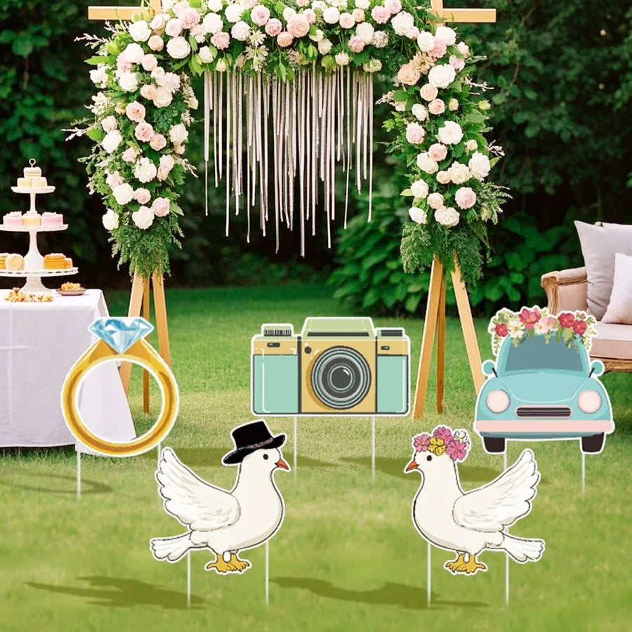 5Pcs Wedding Theme Party Yard Signs with Stakes Pigeon Ring Camera Pattern Road Dration Wedding Reception Plastic Welcome Sign