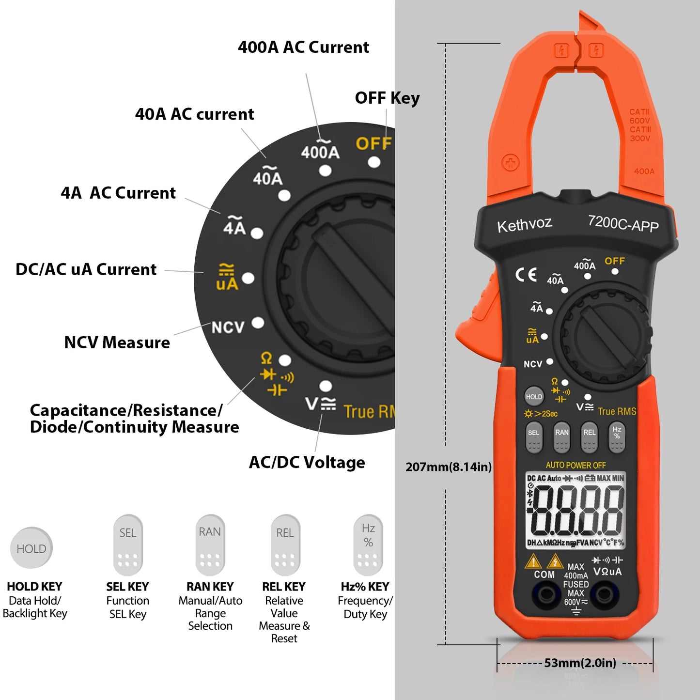 Kethvoz Clamp Meter NCV Multimeter 4000 counts with Smart APP,AC/DC TRUE-RMS LCD Display  Lamp Light Data Hold. KE-7200C-APP