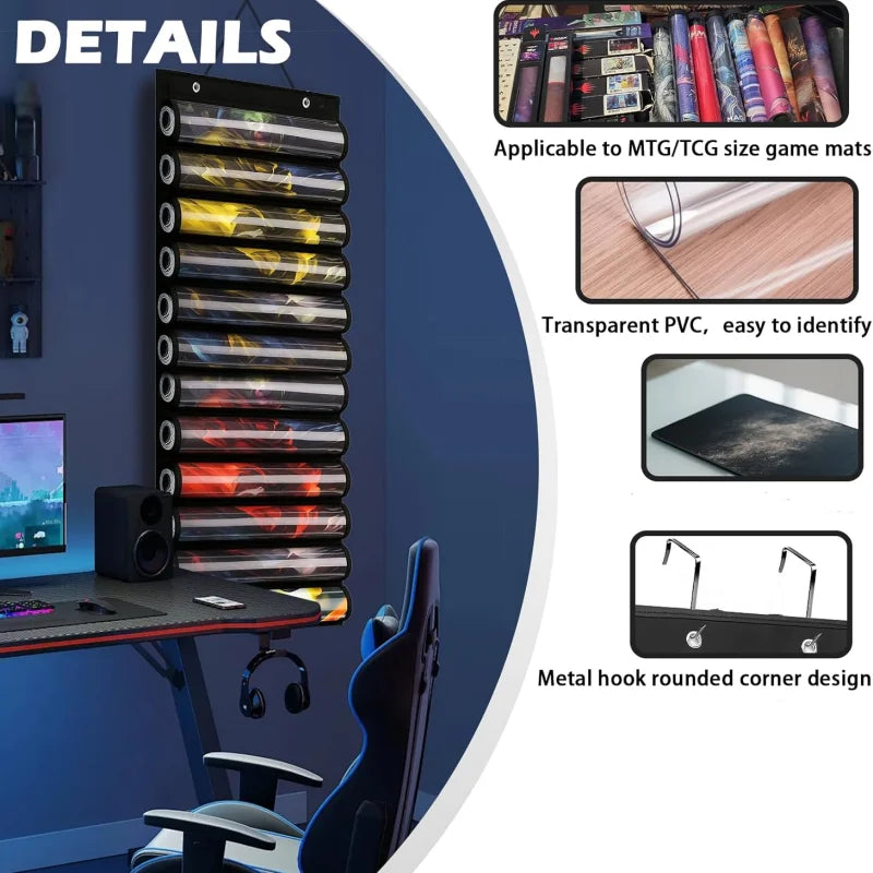 Playmat Holder - Portable Organiser Rack for TCG/RPG Mat, Compact Storage Solution for MTG & Collectible Game Mats with 2 Hooks