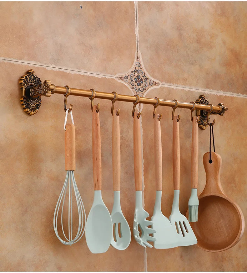 Wall Mounted Kitchen Storage Rack Shelves with Movable Hook Spoon Holder Organiser Kitchen Utensil Accessories Kitchen Tools