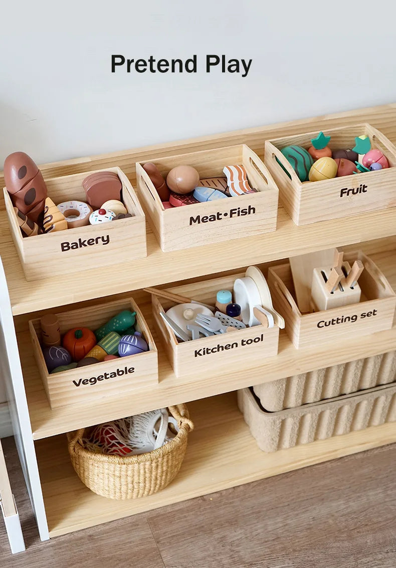 Wooden Pretend Play Kitchen Toys Cutting Food Accessories Set Fruit Vegetable Bakery Meat fish Early Educational Cognition Toys