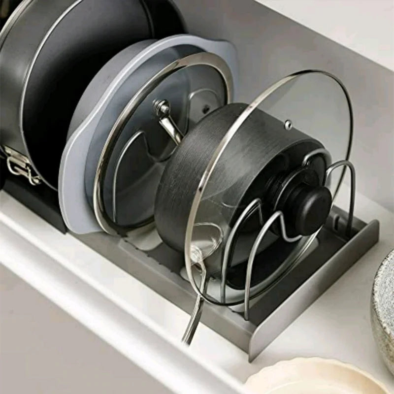Expandable Kitchen Drawer Organiser for Cookware, Pots, Pans, Lids & Baking Trays – Adjustable Pot Lid Holder Rack