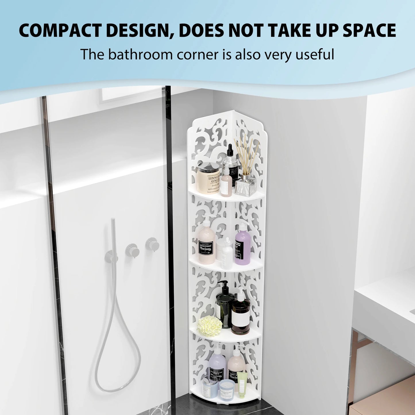 4 Tier Bathroom Corner Cabinet Storage Unit White, Floor Standing Shower Caddy Corner Shelf, PVC Waterproof Storage Organiser