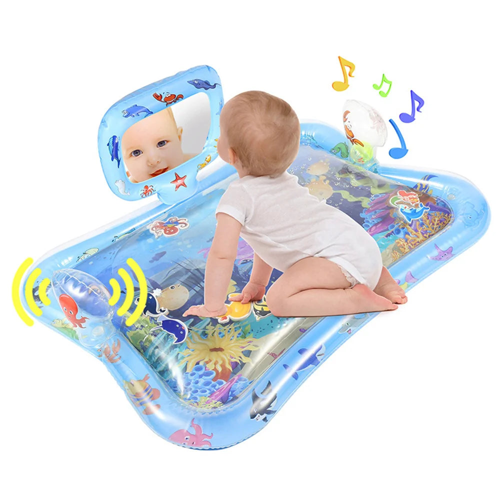 Tummy Time Water Mat for Baby Boy Girl PVC Inflatable Play Mat with Mirror Rattle Buzzer for Infants Toddlers Fun Play Activity