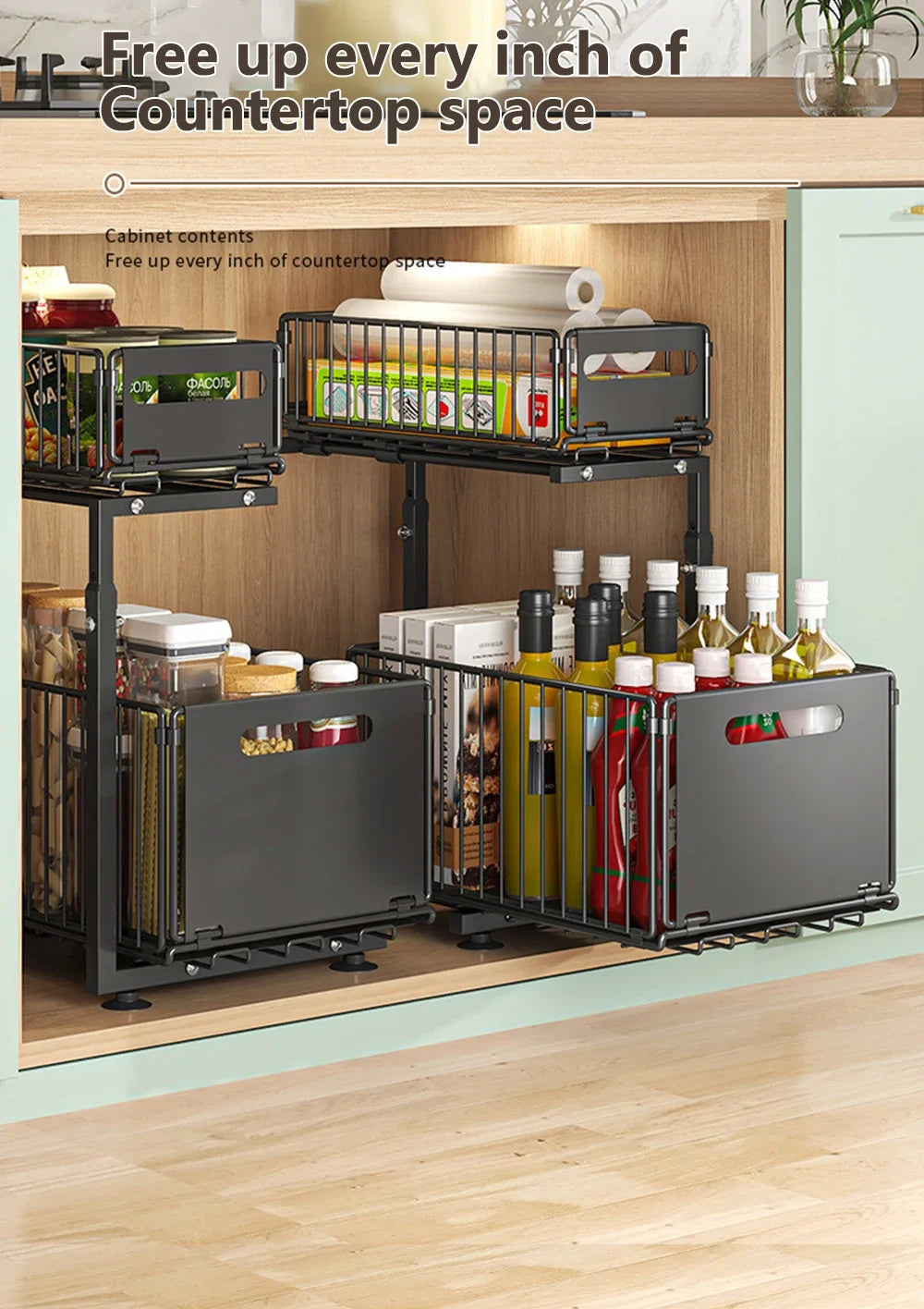 2 Tier Pull Out Cabinet Organiser Adjustable Under Sink Storage Rack Slide Out Drawer Kitchen Spice Jar Storage Shelf