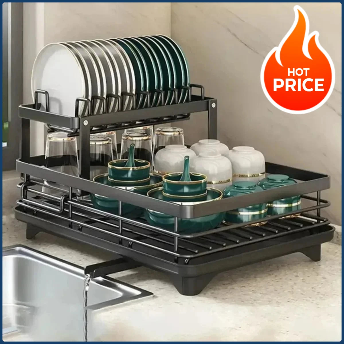 Double-layer Dish Rack Adjustable Draining Multifunctional Kitchen Countertop Organiser Hot-selling Bowls Plates Storage Saving