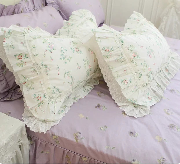 Floral Style 100% Cotton Pillowcase Bedding Set With Lace Design