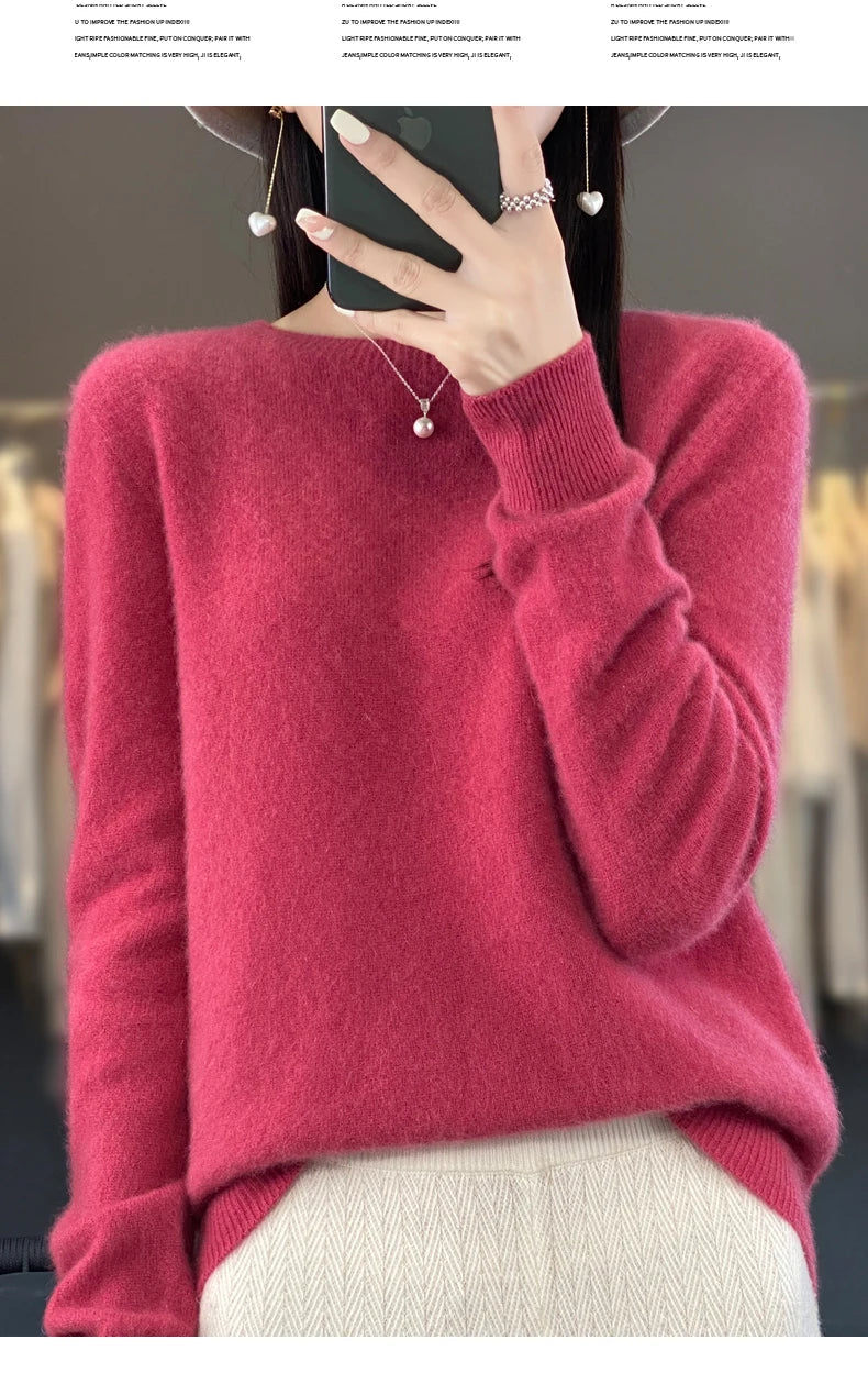 100% Merino Wool Women’s Sweater – Soft Cashmere-Feel O-Neck Pullover, Autumn/Winter Warm Knit Top (14 Colours)
