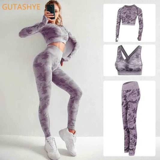 3PCS Camouflage Yoga Set for Women Seamless Fitness Yoga Bra Sports Bra High Waist GYM Camo leggings Pants Fitness Suits Workout
