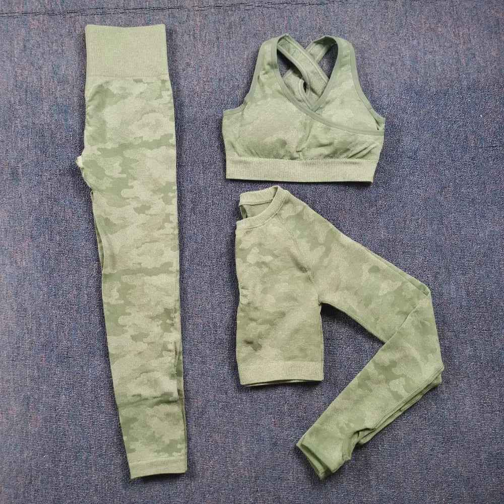 3PCS Camouflage Yoga Set for Women Seamless Fitness Yoga Bra Sports Bra High Waist GYM Camo leggings Pants Fitness Suits Workout