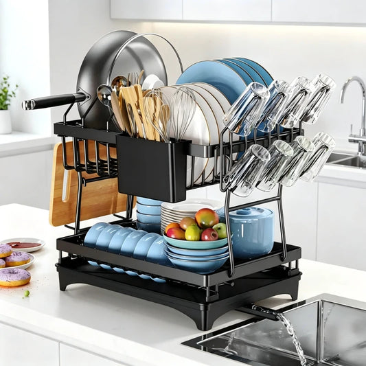 Black 2 Tier Dish Drying Rack Multifunctional Kitchen Bowl Dish Drain Rack Complete Set for Tableware Cutlery Cup Storage