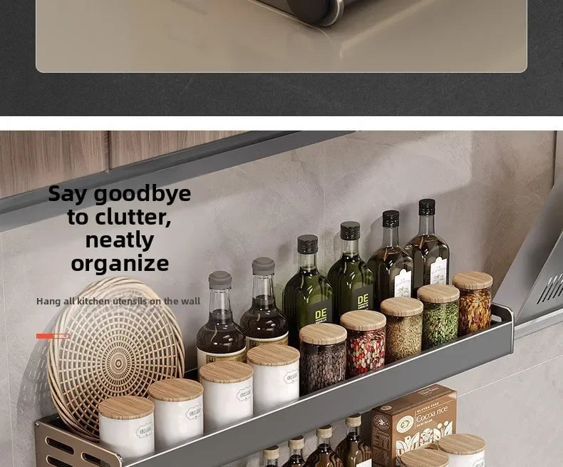 No Drill Kitchen Wall Mounted Spice Rack Space Saving Multifunctional Organiser with Hooks & Paper Towel Holder