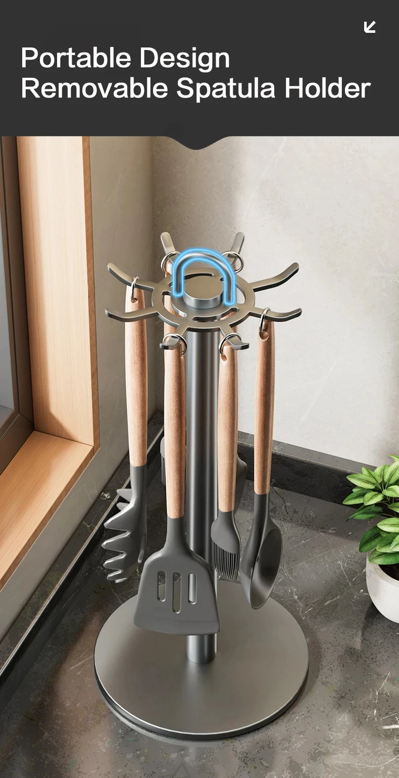 360° Rotating Kitchen Spatula and Utensil Rack - 8-Hook Movable Cooking Tool Storage Organiser for Countertop Space Saving